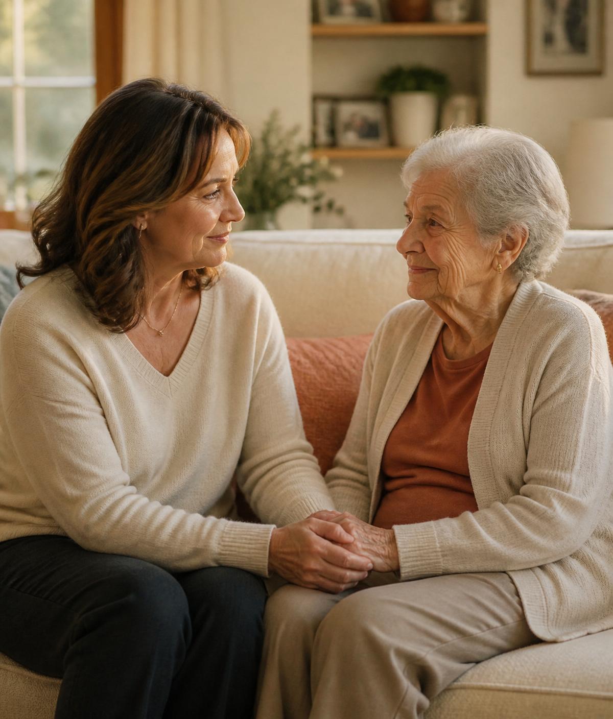 An adult daughter holding hands with her elderly mother in a light-filled living room